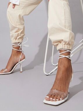 PrettyLittleThing White Lace-Up Clear Strap Square Toe Stiletto Heels - Size 8